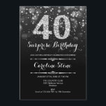 Convite Aniversário de 40 anos de surpresa - Prata preta<br><div class="desc">Convite para aniversário de 40 anos surpresa. Design branco preto elegante com prata brilhante falso. Aniversário adulto. Apresenta diamantes e fontes de script. Convidado para homens ou mulheres no dia. Perfeito para uma festa de aniversário na moda. Envie-me uma mensagem se precisar de mais personalização.</div>