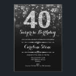 Convite Aniversário de 40 anos de surpresa - Prata preta<br><div class="desc">Convite para aniversário de 40 anos surpresa. Design branco preto elegante com prata brilhante falso. Aniversário adulto. Apresenta diamantes e fontes de script. Convidado para homens ou mulheres no dia. Perfeito para uma festa de aniversário na moda. Envie-me uma mensagem se precisar de mais personalização.</div>