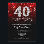 Convite Aniversário de 40 anos de Surpresa - Prata Vermelh<br><div class="desc">Convite para aniversário de 40 anos surpresa. Design vermelho preto elegante com prata brilhante. Aniversário adulto. Apresenta diamantes,  luzes de boque e fontes de script. Homens ou mulheres convidam no dia. Perfeito para uma festa de aniversário na moda. Envie-me uma mensagem se precisar de mais personalização.</div>