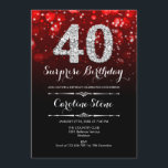 Convite Aniversário de 40 anos de Surpresa - Prata Vermelh<br><div class="desc">Convite para aniversário de 40 anos surpresa. Design vermelho preto elegante com prata brilhante. Aniversário adulto. Apresenta diamantes,  luzes de boque e fontes de script. Homens ou mulheres convidam no dia. Perfeito para uma festa de aniversário na moda. Envie-me uma mensagem se precisar de mais personalização.</div>
