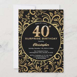 Convite Aniversário de 40 anos de surpresa preto e Dourado