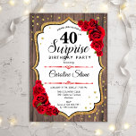 Convite Aniversário de 40 anos de surpresa - Rosas vermelh<br><div class="desc">Convite para aniversário de 40 anos surpresa. Design feminino rústico com ouro brilhante falso. Apresenta padrão de madeira,  rosas vermelhas,  fonte de script e confetti. Perfeito para uma bolsa mensageifesta de aniversario elegante. Pode ser personalizado para mostrar qualquer idade. Envie-me uma mensagem se precisar de mais personalização.</div>