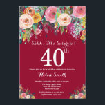 Convite aniversário de 40 anos de Surpresa Vermelha Burgun<br><div class="desc">aniversário de 40 anos de Surpresa Vermelha Borgonha Convite para Mulheres. Flor Floral de Água. Fundo Vermelho Borgonha. Rosa, Amarelo, Laranja, Flor Roxo. Aniversário Adulto. 13 15 16º 18º 20 21 rua 30 40º 50º 80 de 60º 70 de 100º, qualquer idade. Para mais personalização, clique no botão "Personalizar" e...</div>