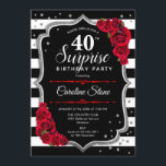 Convite Aniversário de 40 anos de surpresa - Vermelho bran<br><div class="desc">Convite para aniversário de 40 anos surpresa. Design branco,  preto feminino,  vermelho com prata brilhante. Apresenta faixas pretas e brancas,  rosas vermelhas,  fontes de script e confetti. Perfeito para uma bolsa mensageifesta de aniversario elegante. Pode ser personalizado para mostrar qualquer idade. Envie-me uma mensagem se precisar de mais personalização.</div>