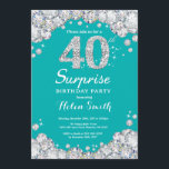 Convite aniversário de 40 anos de Teal e Diamante de Prata<br><div class="desc">Convite para aniversário de 40 anos surpresa. Plano de Fundo do Teal e do Silver Rhinestone Diamond Turquoise Aqua. Convite para o Elegante Birthday Bash. Aniversário Adulto. Aniversário das mulheres. Homens Aniversário. Para mais personalização,  clique no botão "Personalizar" e use a ferramenta design para modificar este modelo.</div>