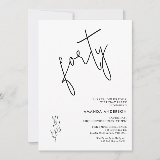 Convite Aniversário de 40 anos de Texto da Caligrafia Negr (Frente)