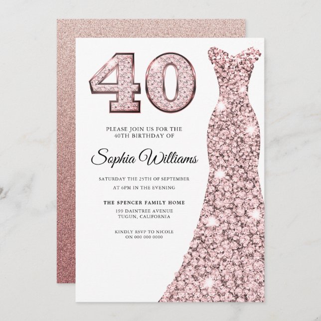 Convite aniversário de 40 anos de Vestido com Lente Dourad (Frente/Verso)
