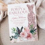 Convite Aniversário de 40 anos de vestir Dourado, cor-de-r<br><div class="desc">Frente e Fabulosa,  Frente,  Rosa Floral Dourada de Vestido 40 e Fabuloso Convite Muito mais variações de cor e arranjos de flores na coleção (ver abaixo)</div>
