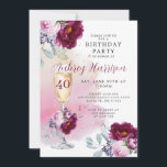 Convite aniversário de 40 anos de Vidro de Champagne Anive<br><div class="desc">Um elegante convite para aniversário de 40 anos de na moda com um vidro de champanhe floral,  florais cor-de-rosa e burgundy,  e um fundo de lavagem de aquarelas em tons cor-de-rosa,  com um nome de assinatura de script elegante. Na moda e moderno. Festa de champanhe de aniversário.</div>