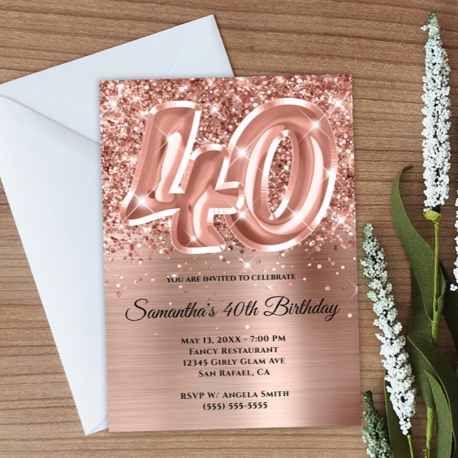 Convite Aniversário de 40 anos de vidro Dourado brilhante  (Create your own rose gold 40th birthday invitation.)