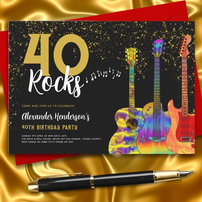 Convite Aniversário de 40 anos de violão - Festa negra e D (Rock and roll guitar 40th birthday party black and gold invitation 40 rocks funky music)