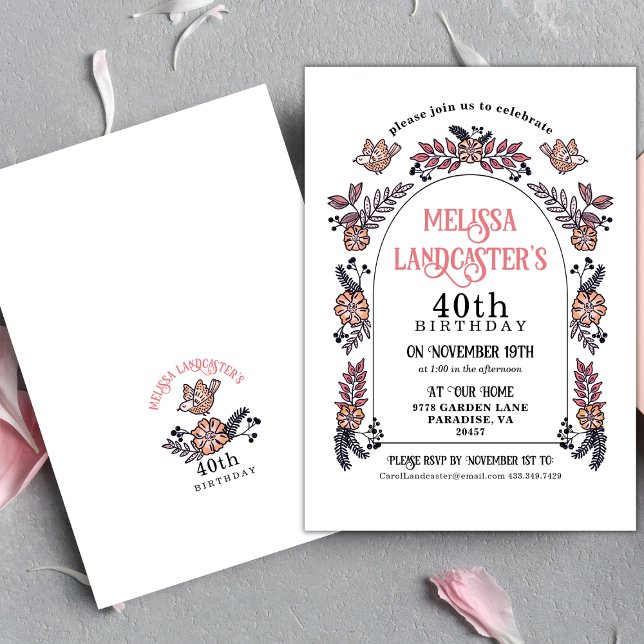 Convite Aniversário de 40 anos do Arco Flor do Jardim Rosa (Elegant Pink Floral Garden Arch Birthday Invitation)