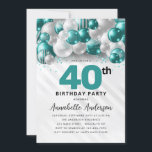 Convite Aniversário de 40 anos do balão de prata verde-alt<br><div class="desc">Glam Moderno Verde Verde Silver Balão Brilhante Glitter Qualquer Convite De Aniversário De Idade</div>