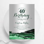 Convite Aniversário de 40 anos do Emerald Green Silver Aga<br><div class="desc">Emerald Green e aniversário de 40 anos convite de festas prateado. Elegante design moderno com aquarela agate marble geode background,  faux glitter prata e tipografia. Trendy convida o cartão perfeito para uma comemoração de dia das mulheres na moda. Impressos convites Zazzle ou modelo de impressão digital instantânea para download.</div>