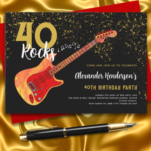 Convite aniversário de 40 anos do Partido 40 Violão de Roc (40 rocks guitar black and gold 40th birthday party invitation )