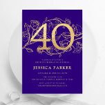 Convite Aniversário de 40 anos Dourada Elegante<br><div class="desc">Convite de festas de ouro roxo e elegante. Design feminina moderna personalizável,  com sotaques botânicos rosas e ouro brilhante falso. Simples cartão de convite floral perfeito para uma comemoração de um na moda. Personalize com seus próprios detalhes. Impressos convites Zazzle ou modelo de impressão digital instantânea para download.</div>