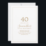 Convite Aniversário de 40 anos Dourada minimalista<br><div class="desc">Este aniversário de 40 anos de ouro minimalista é perfeito para uma simples festa de aniversário. A design romântica moderna apresenta ouro clássico e tipografia branca emparelhada com uma caligrafia rústica, mas elegante, com estilo voltado para a mão. Personalizável em qualquer cor. Mantenha o design simples e elegante, como está,...</div>