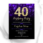 Convite Aniversário de 40 anos Dourada roxa<br><div class="desc">convite de festas aniversário de 40 anos. Design púrpura elegante com ouro brilhante. Apresenta na moda diamante, luzes e fontes de script. Homens ou mulheres convidam no dia. Perfeito para uma festa de aniversário adulta na moda. Personalize com seus próprios detalhes. Envie-me uma mensagem se precisar de mais personalização. Impressos...</div>