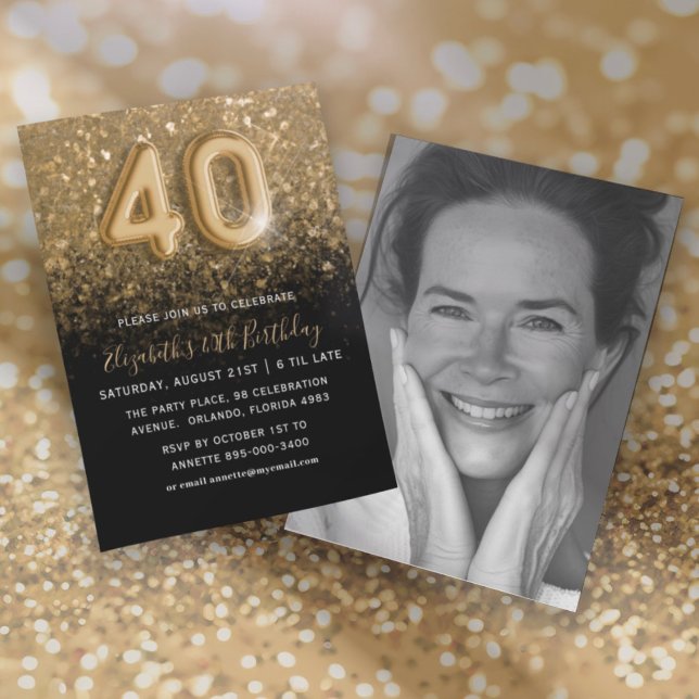 Convite aniversário de 40 anos Dourado Glitter e Partido N (Criador carregado)