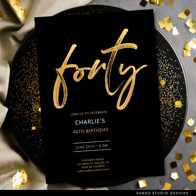 Convite Aniversário de 40 anos Dourado mínimo moderno (FAUX gold invite shown in 5 x 7 inches with square corners. Choose corners, paper style, and size.)