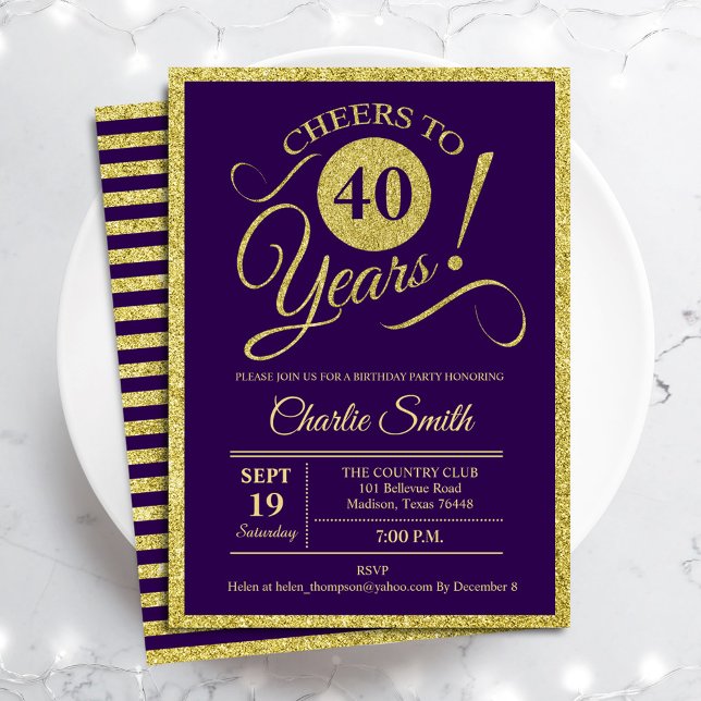 Convite aniversário de 40 anos - Dourado Roxo QUALQUER IDA (Criador carregado)