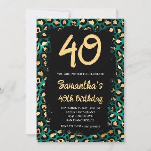 Convite Aniversário de 40 anos Dourado Teal Leopardo Pinta