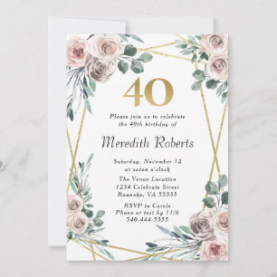 Convite aniversário de 40 anos Dusty Rosa Floral Eucalyptu