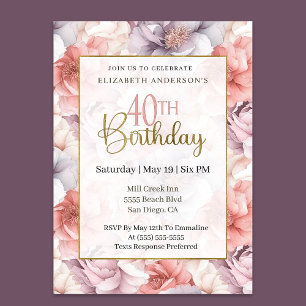 Convite Aniversário de 40 anos Elegante Coral e Lavanda Pe