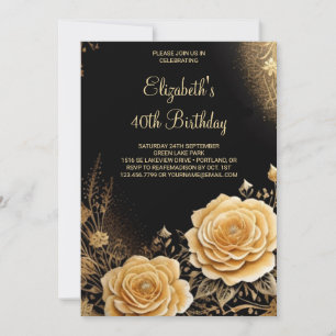Convite Aniversário de 40 anos Elegante Dourado de Flor Mo