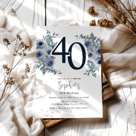Convite Aniversário de 40 anos Elegante Floral Azul