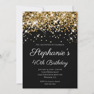 Convite Aniversário de 40 anos Elegante Preto-Glitter Dou