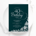 Convite aniversário de 40 anos Elegante Rosas Emerald Gree<br><div class="desc">Simples convite de festas elegante em verde esmeralda e prata. Design clássico com rosas, folha prateada falsa e letra de script de tipografia. A Trendy convida o cartão perfeito para uma festa de na moda. Personalize com seus próprios detalhes. Pode ser personalizado para qualquer idade. Impressos convites Zazzle ou modelo...</div>