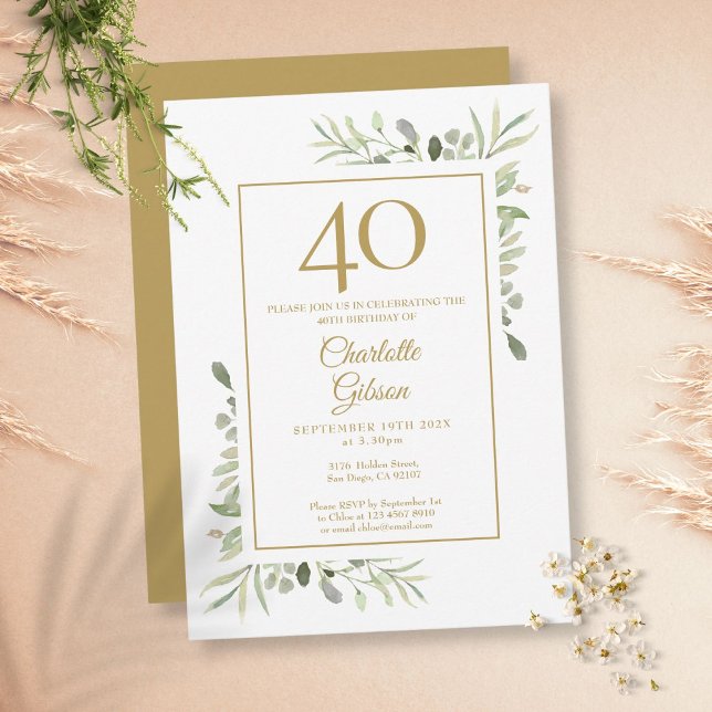 Convite Aniversário de 40 anos em Aquarela Verde Elegante  (Criador carregado)