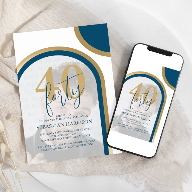 Convite Aniversário de 40 anos em Azul e Dourado Retro Fot (Criador carregado)