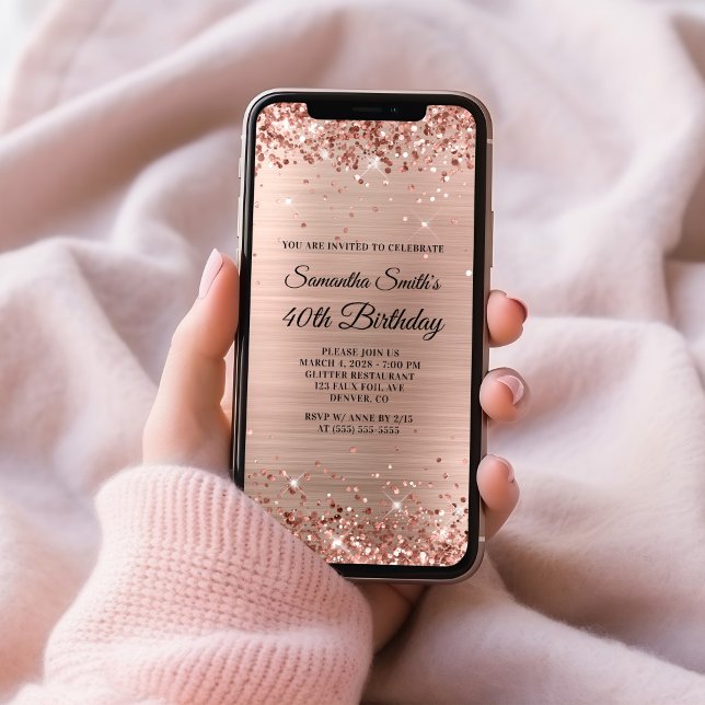 Convite Aniversário de 40 anos em Glittery Brushed Rose Go (Glittery Brushed Rose Gold Foil 40th Birthday Invitation)