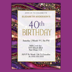 Convite Aniversário de 40 anos em Purple Gold Moderno com