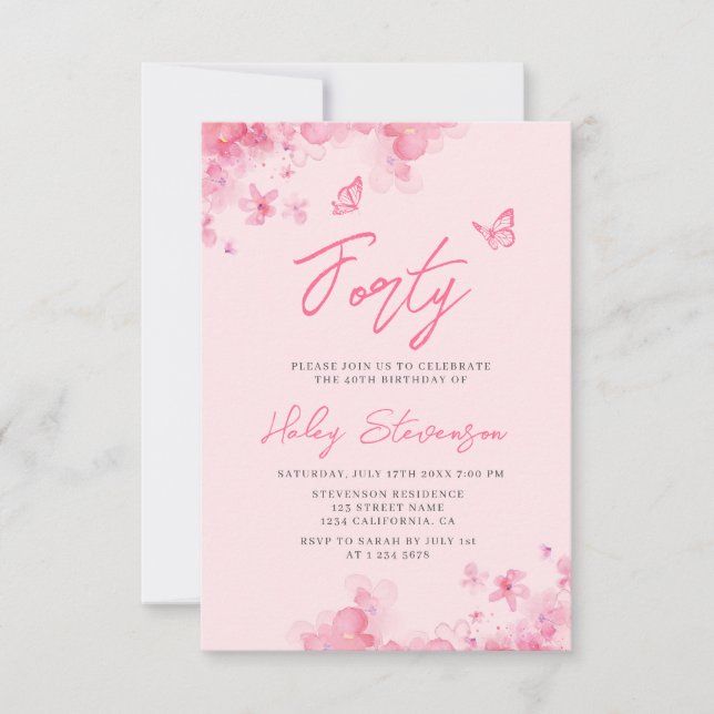 Convite Aniversário de 40 anos em rosa pastel floral suave (Frente)