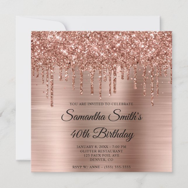 Convite Aniversário de 40 anos em Rose Gold com Glitter e  (Frente)