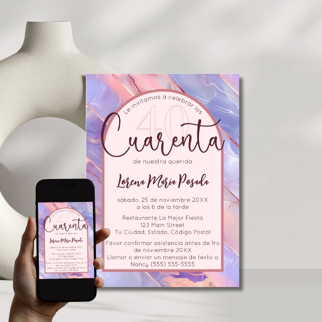 Convite Aniversário de 40 anos Espanhol Rosa Púrpura Para  (Criador carregado)