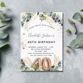 Convite aniversário de 40 anos eucalyptus greenery glitter