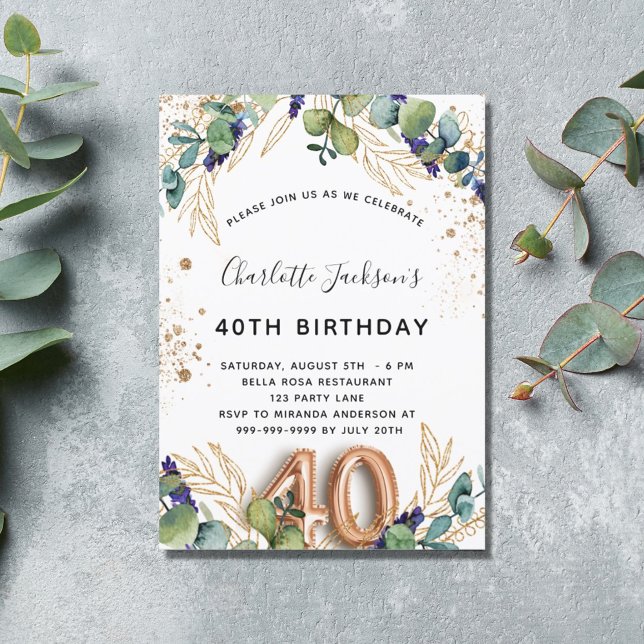 Convite aniversário de 40 anos eucalyptus greenery glitter (Criador carregado)