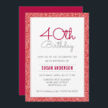 Convite aniversário de 40 anos Faux Red Glitter<br><div class="desc">Este simples e elegante convite de festas aniversário de 40 anos apresenta uma borda vermelha falsa e brilhante. O texto personalizado permite adicionar os detalhes do convite.</div>