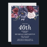 Convite Aniversário de 40 anos Floral Azul-Borgonha Marinh<br><div class="desc">Convite de festas azul-aniversário de 40 anos elegante para mulheres com flores de jangada e branca. Entre em contato comigo para obter assistência com a personalização ou para solicitar correspondência ou coordenação de produtos Zazzle.</div>