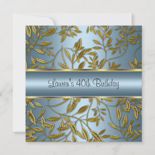 Convite Aniversário de 40 anos Floral Azul Dourado Elegant