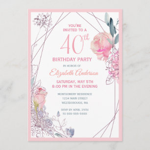 Convite aniversário de 40 anos Floral Blush Rosa de Water