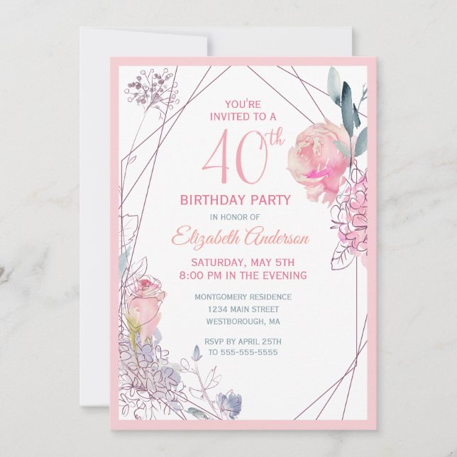 Convite aniversário de 40 anos Floral Blush Rosa de Waterc (Frente)