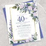 Convite aniversário de 40 anos Floral Branco Azul<br><div class="desc">As rosas brancas de cor aquosa bonito e as flores azuis estão aninhadas em folhas verdes escuras numa estrutura dourada.</div>