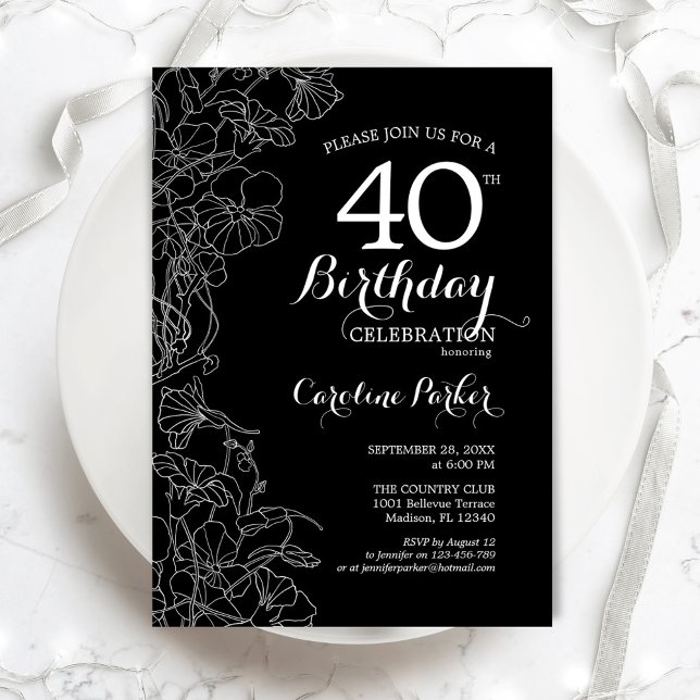 Convite Aniversário de 40 anos Floral Branco Preto (Criador carregado)