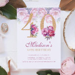 Convite Aniversário de 40 anos Floral cor-de-rosa Dourada,<br><div class="desc">Aniversário de 40 anos Floral cor-de-rosa Dourada,  de luxo,  convite à lama. É fácil personalizar. Os produtos correspondentes podem ser encontrados na Coleção de Aniversários para Adultos de Luxo.</div>