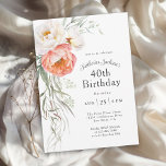 Convite Aniversário de 40 anos Floral Coral Feminina<br><div class="desc">Celebrar um estilo aniversário de 40 anos em feminino com este elegante convite de festas floral de aquarela com pêssego coral e marfim com verde-direita. Personalize o modelo de texto com os detalhes do evento. Este convite está disponível em formatos digitais de download impressos e instantâneos para sua conveniência.</div>